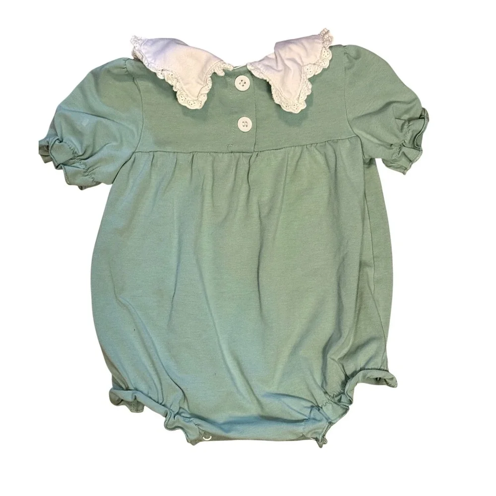 Abby & Erie Girls Sage Green Pumpkin Embroidered Peter Pan Collar Romper 18M - Picture 6 of 6